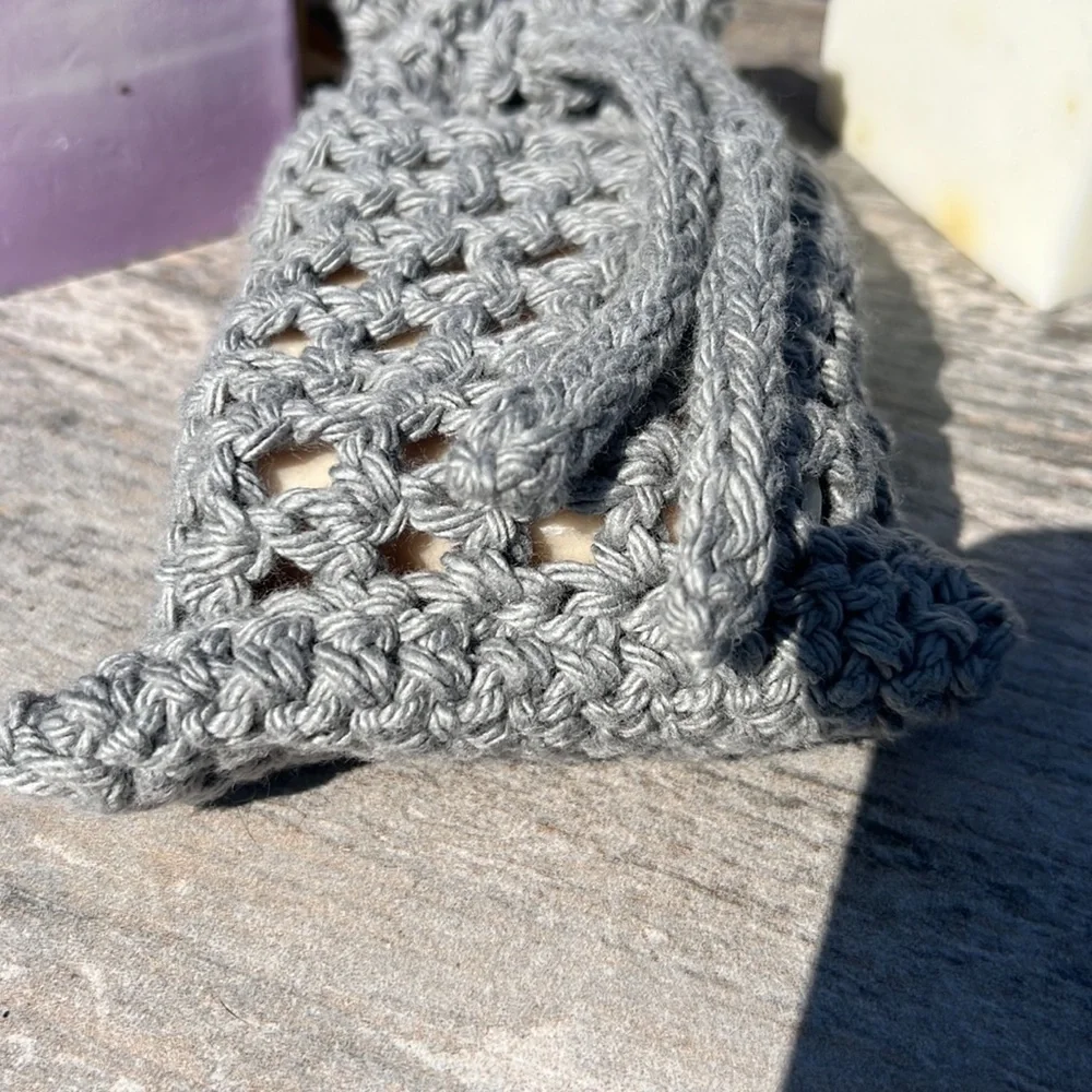 Handmade Crochet Soap Bag Cotton Heather Gray Cinch